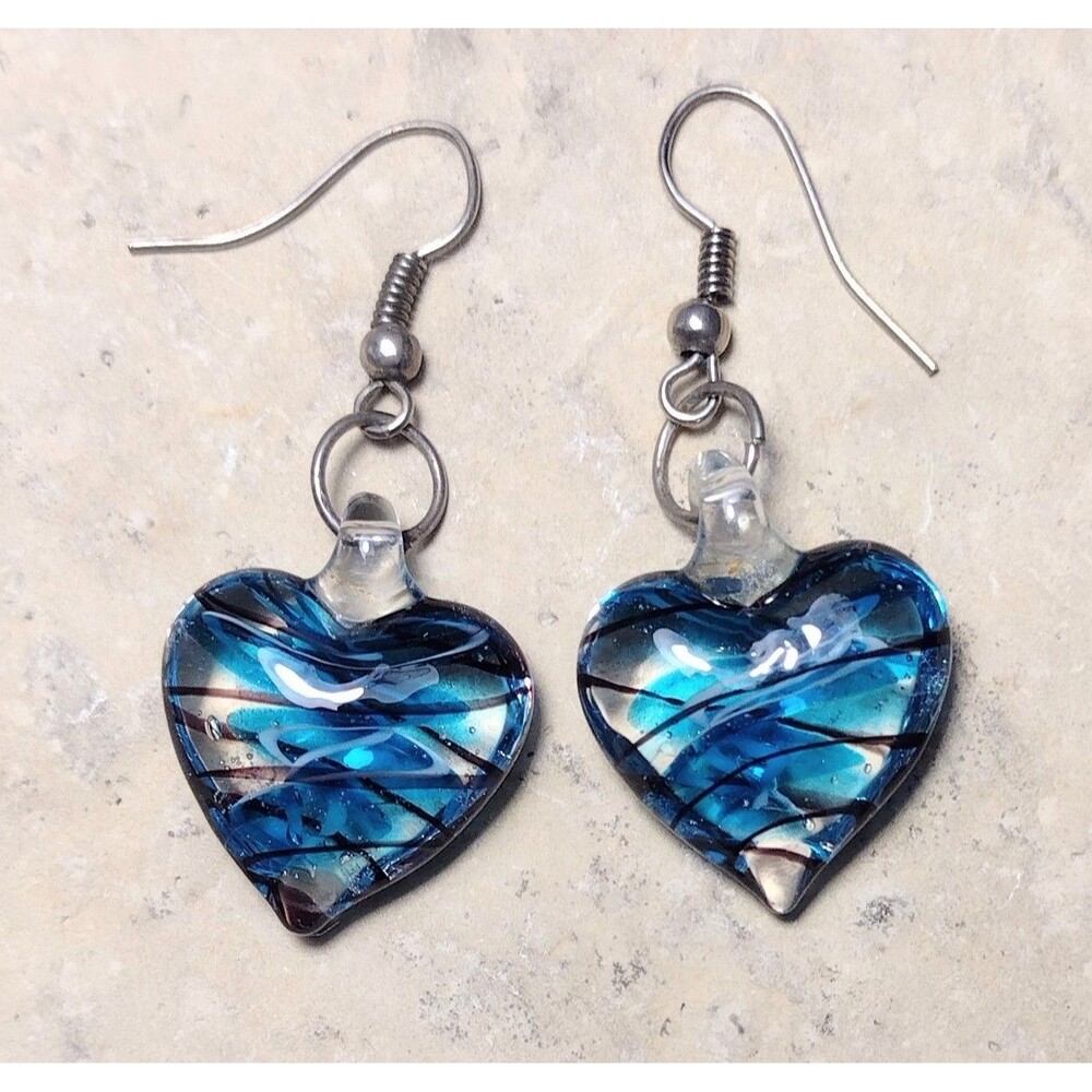 Vintage Blue Swirl Murano Glass Heart Dangle Earrings